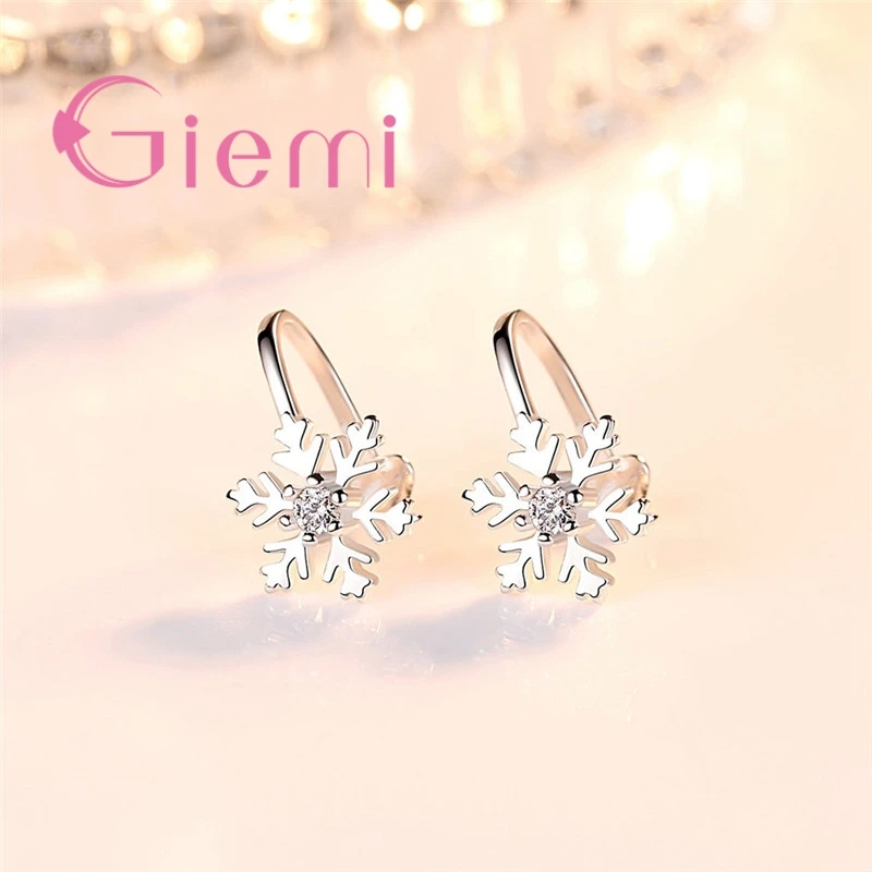 Charm 925 Sterling Silver Snowflake Shape Crystal Cubic Zircon Ear Clip Earrings For Women Girls Party Fashion Jewelry Gifts