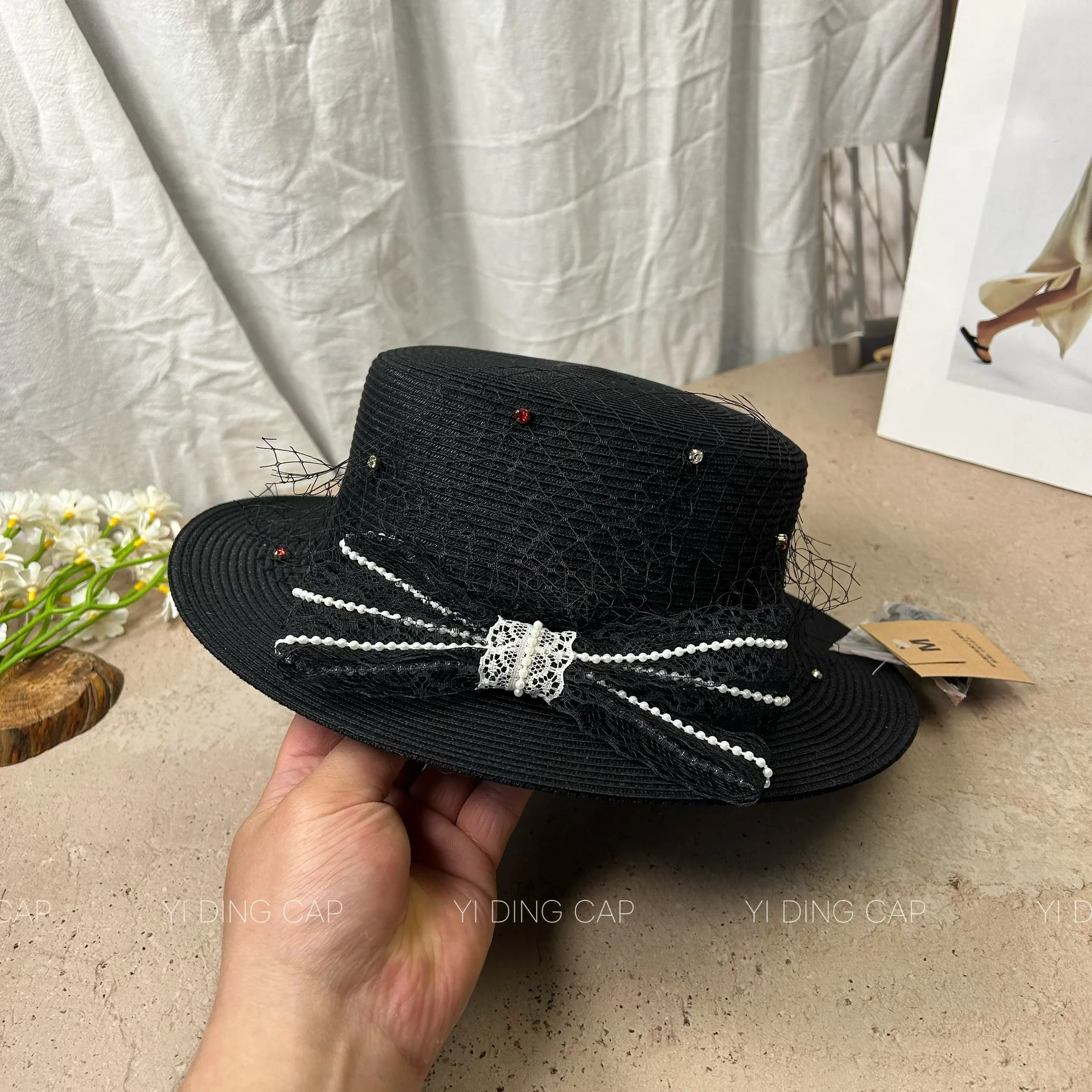 Japanese Linen Style Straw Flat Top Sun Hat for Women, Lace Rhinestone Bow Decor, Summer Woven Fedora UV Protection