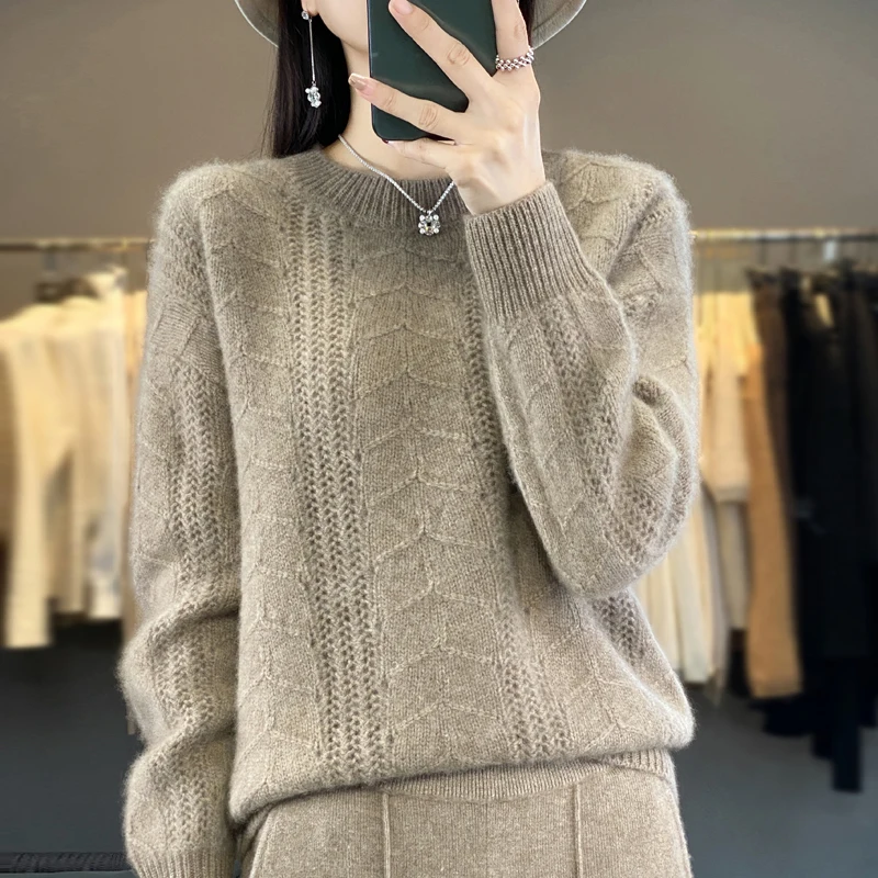 Herringbone 100% Merino wool pullover Autumn and winter new cashmere sweater women's round neck pullover warm bottom knit shirt