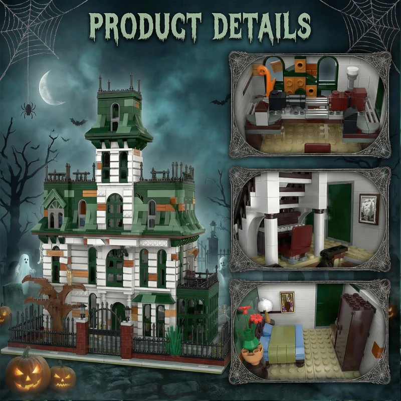 3378PCS Blocos de Montar Casa da Família Adams, Modelo Modular de Castelo de Terror, Decoração de Mesa, Brinquedos de Montagem, Presente para Adultos