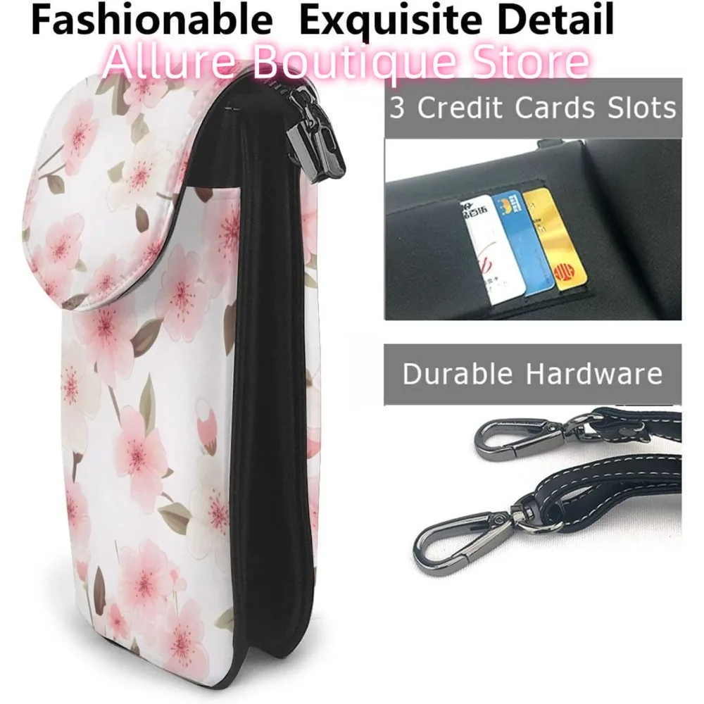 Japanese Pink Cherrys Crossbody Bag for Women PU Leather Small Travel Cell Phone Pouch Lightweight Mini Phone Purse Wallet Cross
