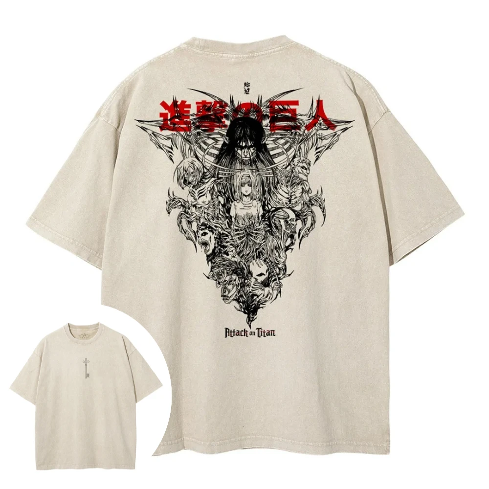 Camiseta de Ataque a los Titanes para Hombre y Mujer, Lavada, Eren Yeager, Verano, Primavera, Anime, Retro, Desgastada, Moderna, de Marca, Manga Corta