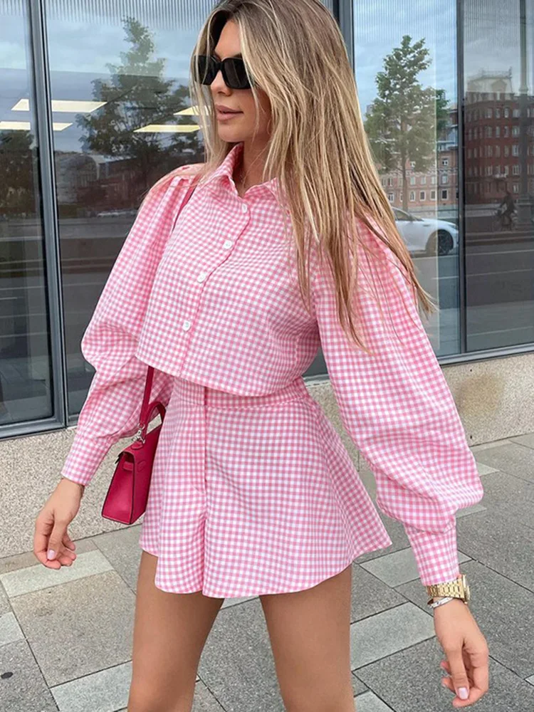 

Plaid Print Shorts Set for Women Long Puff Sleeve Buttons Shirt High Waist Wide-Leg Short Set 2 Piece Sets Womens Outfits