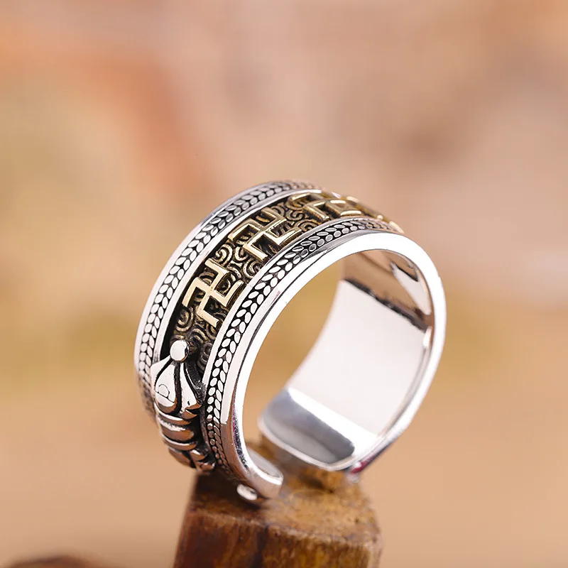BOCAI NEW S925 Silver Retro Ethnic Style Six-Character Mantra Vajra Lucky Man Ring Trendy Birthday Gift