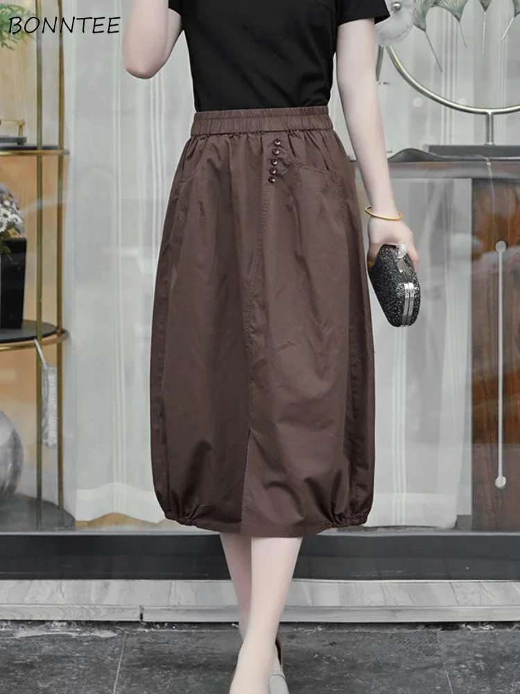 

Midi Bud Skirts Women Elastic Waist Vintage Silt Design Fashion Loose All-match High Street Korean Style Vintage Faldas Mujer