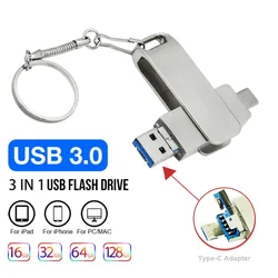 For 3 IN 1 Silver USB 3.0 Flash Drives 128GB Metal Pen Drive With Chain 64GB for Iphone U Disk 32GB 16GB 8GB Memory Stick