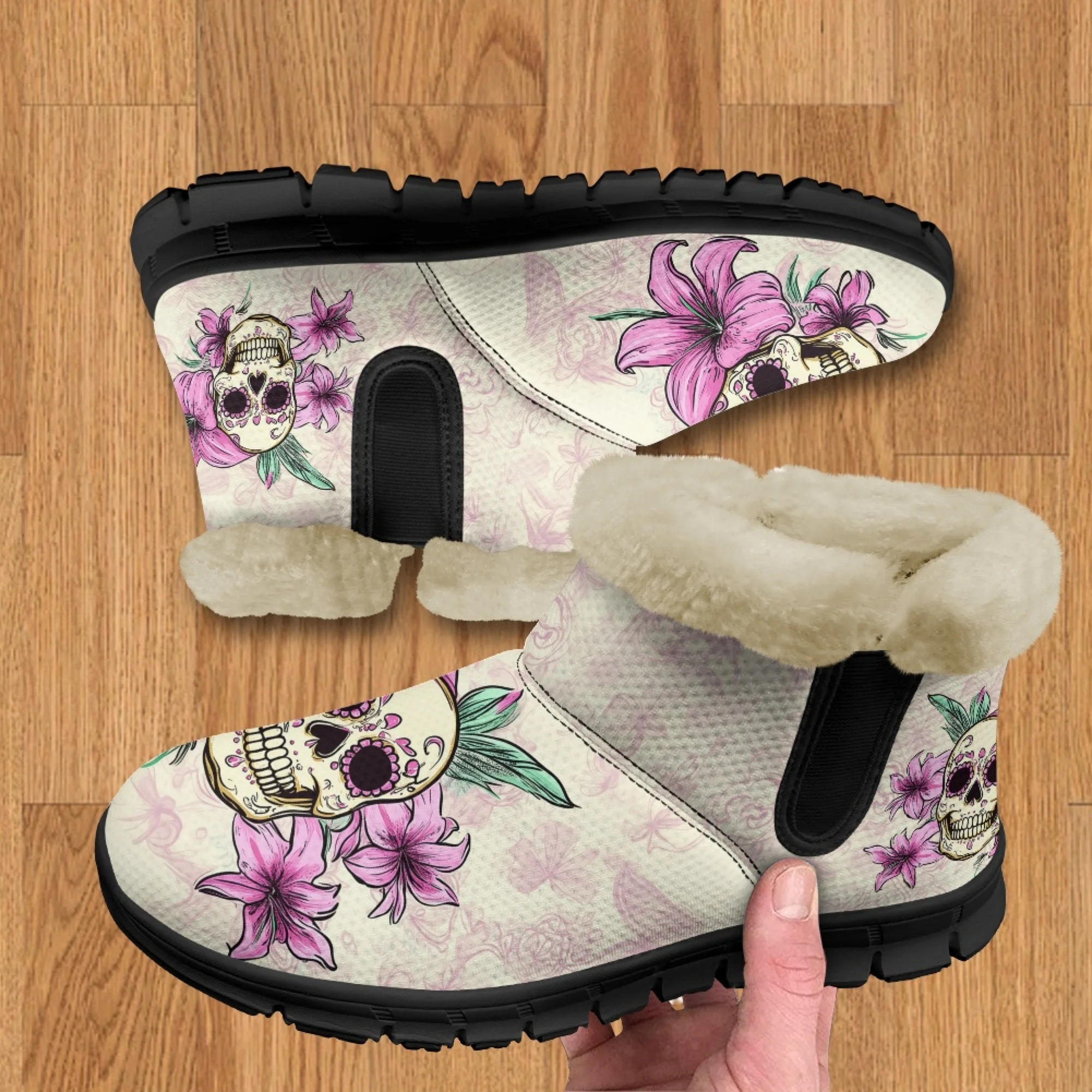 INSTANTARTS botas de nieve para mujer lindo calavera de azúcar Casual suave señoras corto de felpa cómodos zapatos cálidos de invierno frauen stiefel