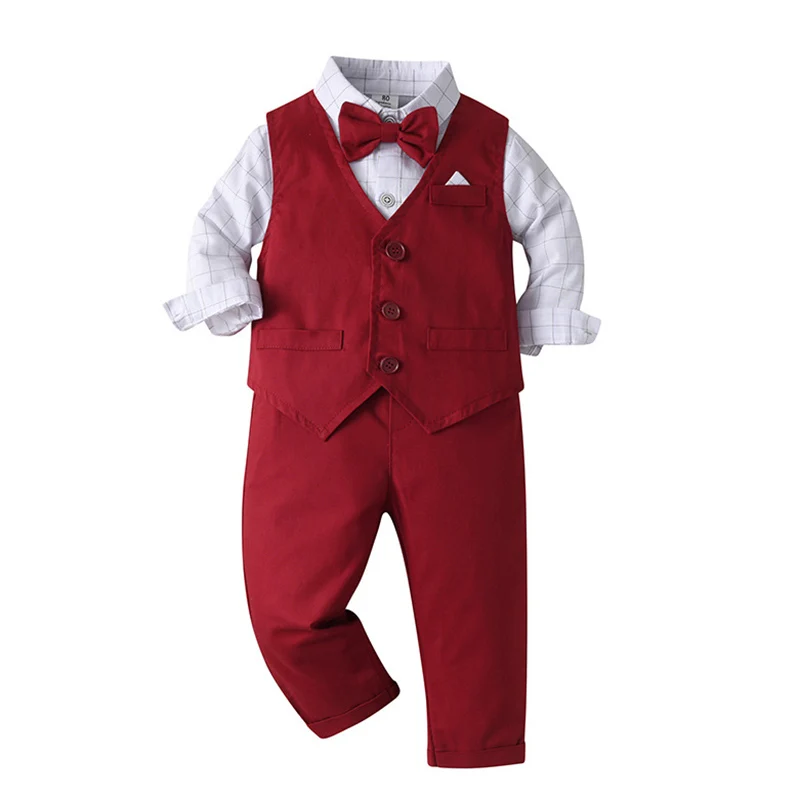 Children\'s Suit Set Baby Boy Long-Sleeved Shirt Bowtie Clothes + Trousers Kids Red Wedding Birthday Party Costume Gentleman Suit