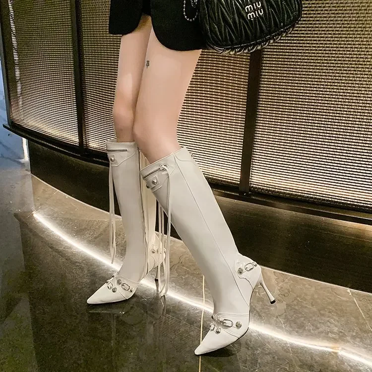 Sepatu Bot Chelsea Seksi Wanita Sepatu Hak Tinggi Ujung Lancip Sepatu Bot Setinggi Lutut Stiletto Baru Musim Dingin Desainer Botas Sepeda Motor