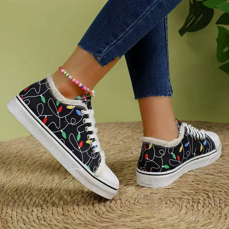 Spring New Women\'s Cartoon Graffiti Casual Canvas Shoes Fashion Lace-Up Woman Breathable Round Toe Sneakers Lightweight Female