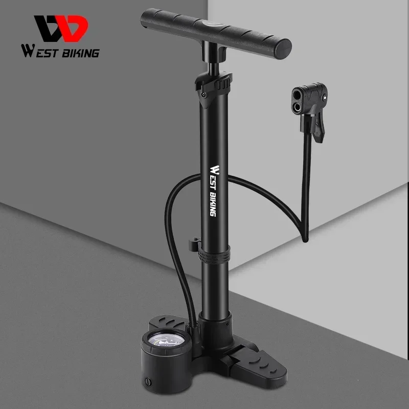 WEST BIKING 230PSI High Pressure Floor Pump With Air Gauge Foldable Base Tire Inflator Schrader/Presta Aluminum Alloy MTB Pump