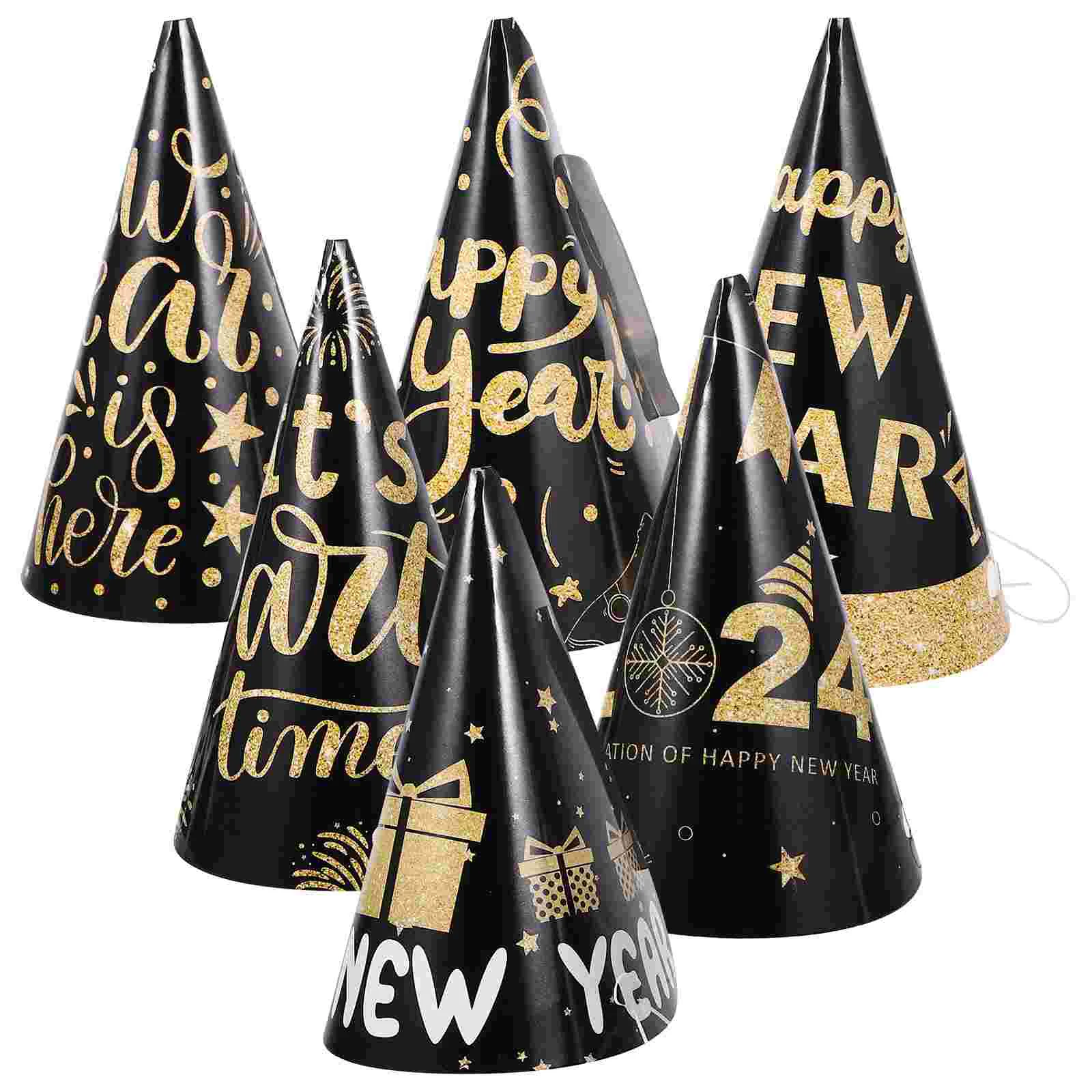 2024 New Year Hats Year's Eve Party Dress Up Black Gold Paper Photo (New Type B) 6pcs Supplies Cone for Adults Child