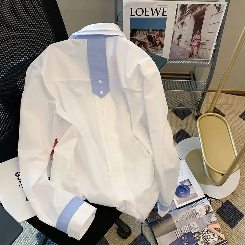 Female Spring Summer Korean Fashion Button Solid Color Polo Collar Women Shirts All-match Appear Thin Pocket Long Sleeve Top Tee
