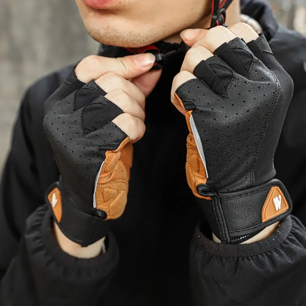 

LYCRA мотоциклетные перчатки из искусственной кожи, дышащие, износостойкие варежки с половиной пальца, черные + коричневые нескользящие велосипедные перчатки