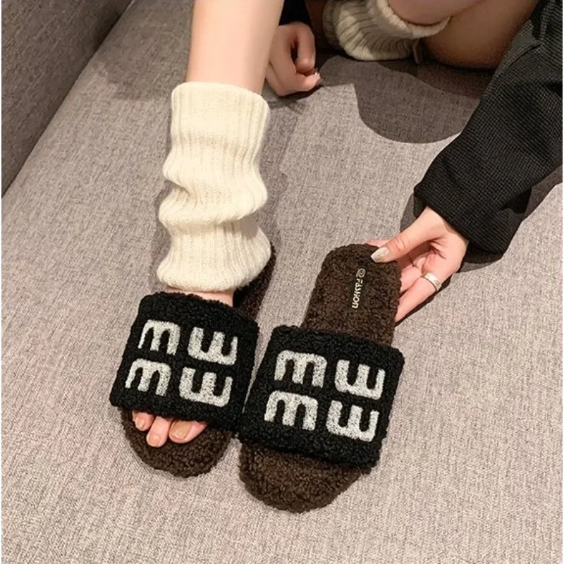 

Women's New Woolly Cotton Slippers Female Autumn and Winter Out At Home Korean Version Everything Slippers Zapatos De Mujer