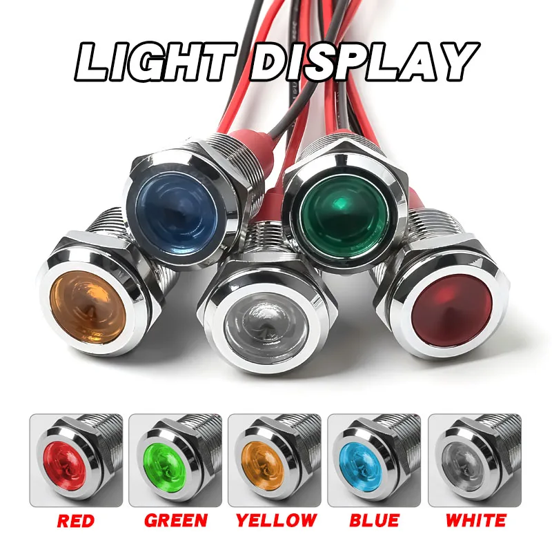 12 مللي متر ضوء المؤشر المعدني LED ضوء إشارة مقاوم للماء مع سلك الطاقة 3V6V12v24v220v أحمر أخضر أصفر أزرق أبيض