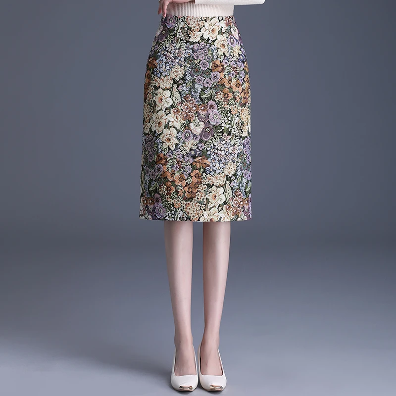 New Spring And Autumn Elegant Women Jacquard Skirts High Waist France  Vintage Lady Office Work Skirt