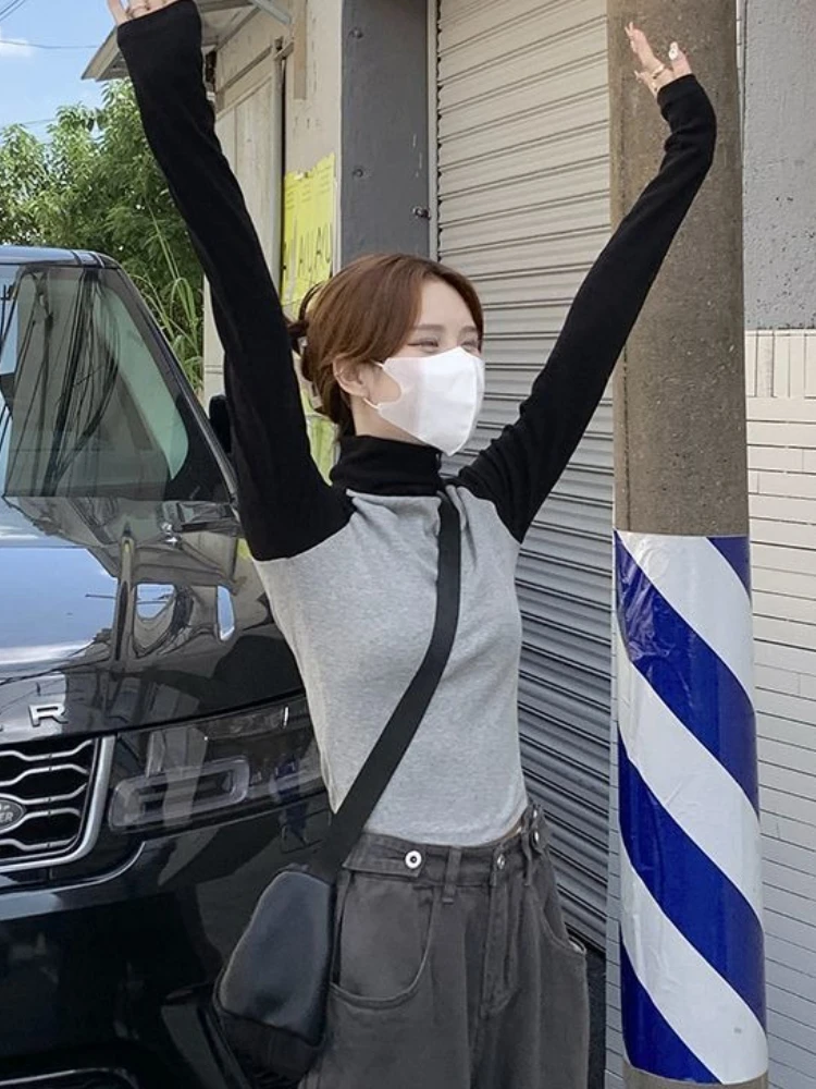 Outono inverno novo y2k cor bloqueando blusas de malha roupas femininas moda elegante magro topos vintage quente pulôveres de gola alta