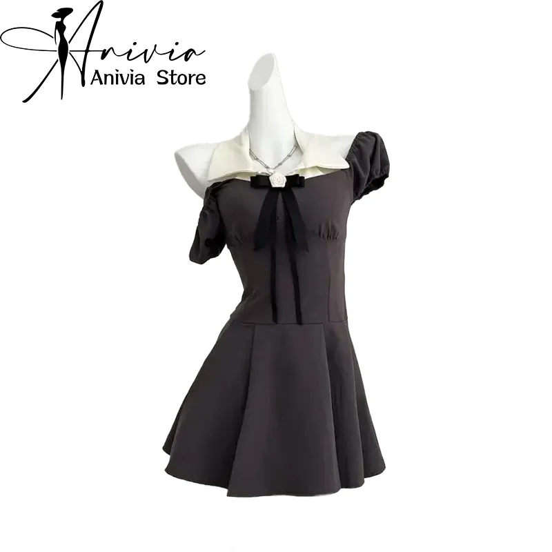 Women\'s Patchwork Dark Grey Y2k Mini Dress Vintage Elegant Short Sleeve Bow Dresses Vintage One Piece Frocks Clothes Summer 2024