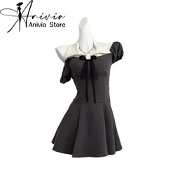 Women's Patchwork Dark Grey Y2k Mini Dress Vintage Elegant Short Sleeve Bow Dresses Vintage One Piece Frocks Clothes Summer 2024