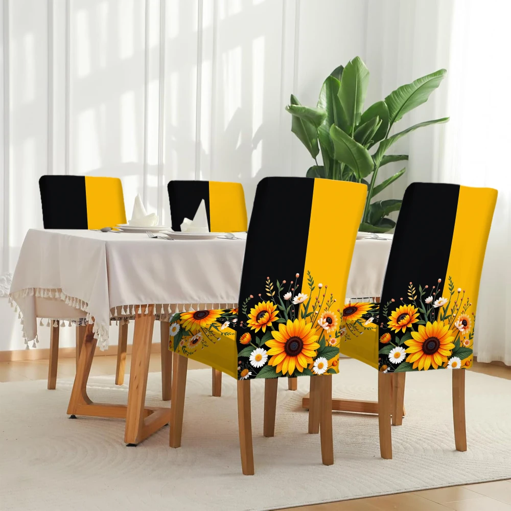 4/6 قطعة غطاء كرسي مرن نمط عباد الشمس تمتد غرفة الطعام مقعد حامي أصفر أسود الأزهار الأثاث يغطي مجموعة #4