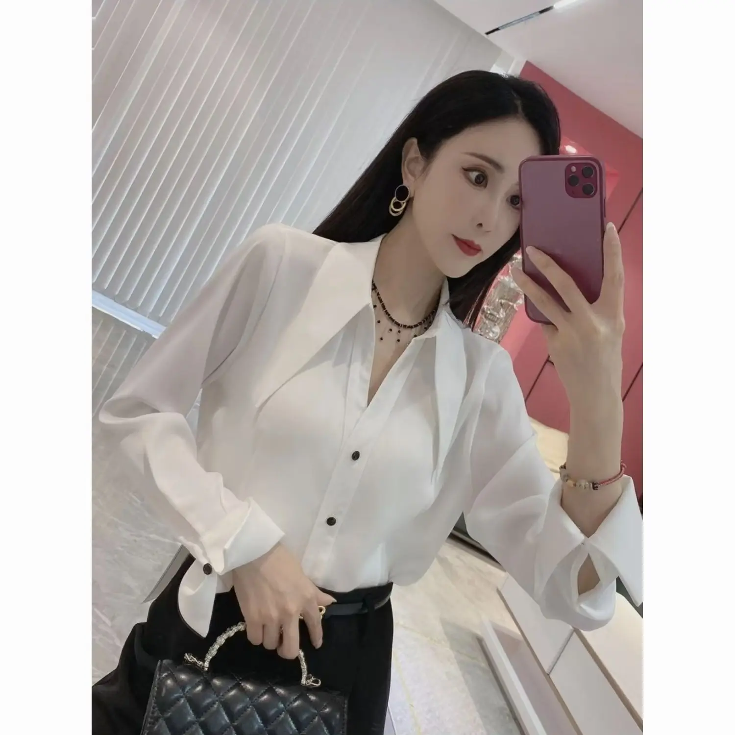 Women Long Sleeve Button Down Blouse Solid Turn Down Collar Office Wear Shirt Spring Autumn Versatile Elegant Chic Blouses D374