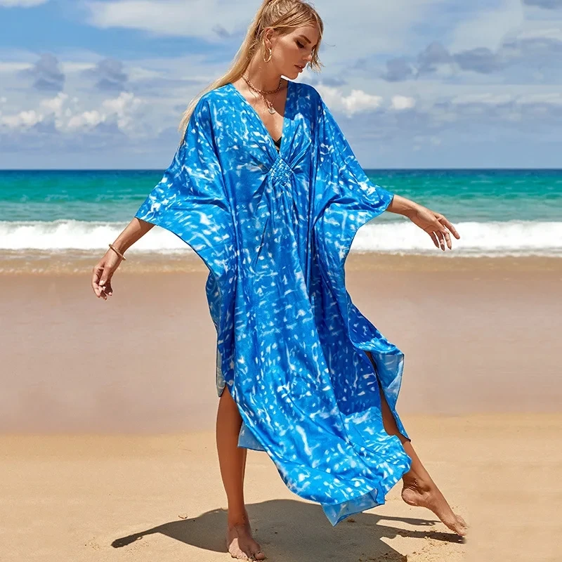 2024 Summer European American New Women Print Blouse Seaside Holiday Dress Loose Blouse Bikini Swimsuit Gown Outerwear Blue