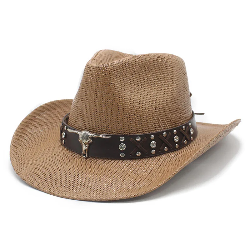 Vintage Bull Head Decorative Straw Hat Hot-Selling Western Cowboy Hat for Men and Women Summer Sun Hat