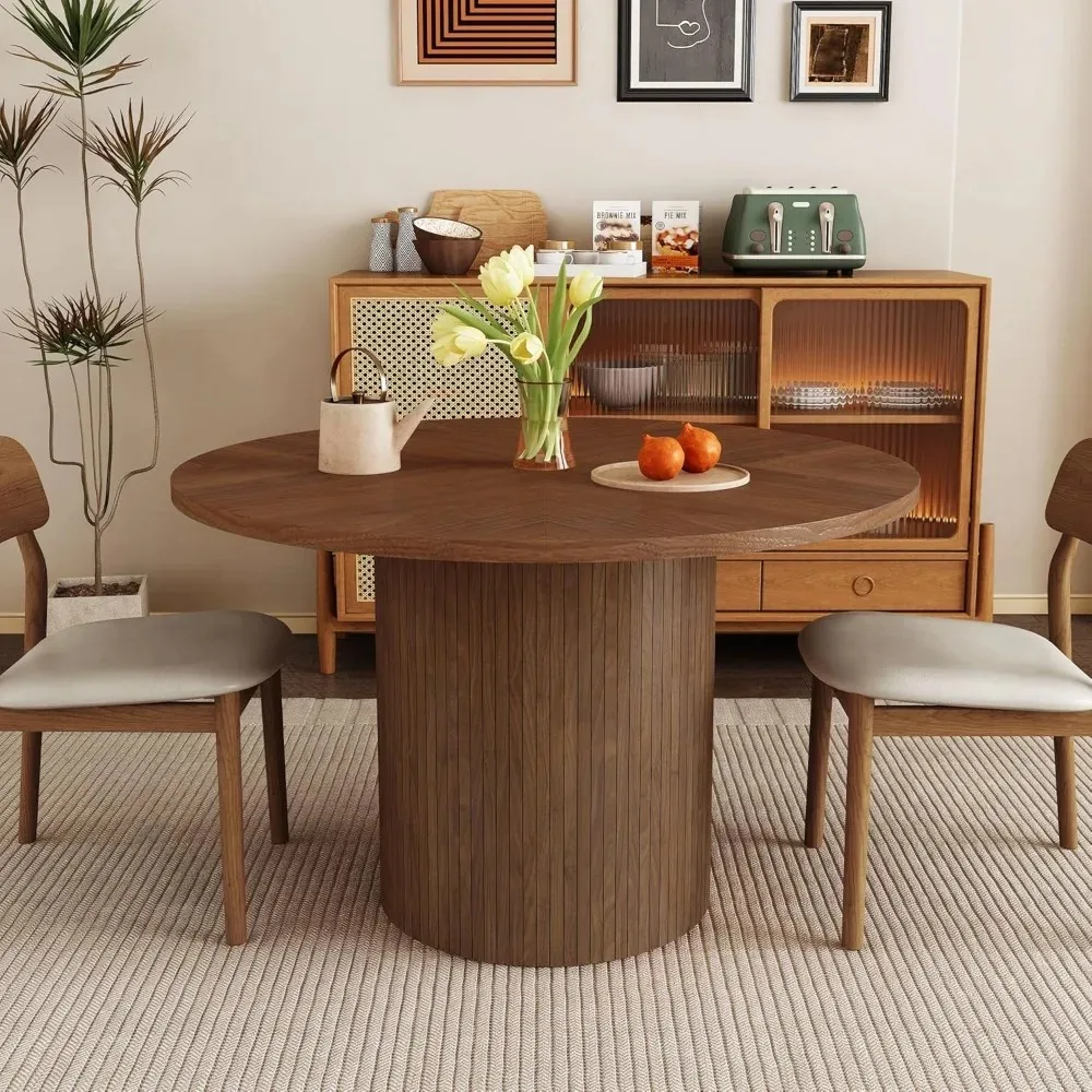 

Round Dining Table for 4, Modern Farmhouse Kitchen Dining Table, 47 Inch Small Round Dining Table with Wood Slat Base