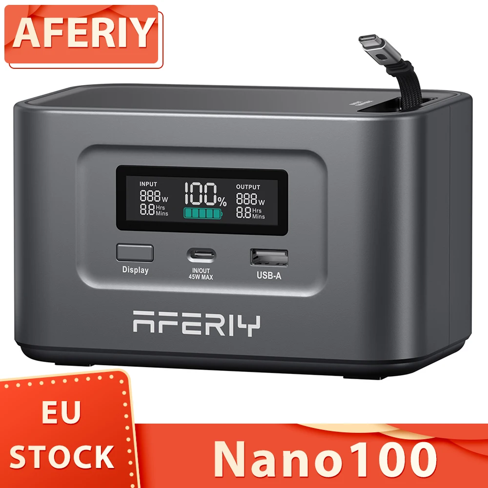 AFERIY Nano100 centrale électrique portable, 100 W 99,2 Wh, câble télescopique de type C, charge complète de 1,5 h, batterie LiFePO4 plus de 3000 cycles AFERIY Nano100 centrale électrique portable, 100 W 99,2 Wh, câble télescopique de type C, charge complète de 1,5 h, batterie LiFePO4 plus de 3000 cycles