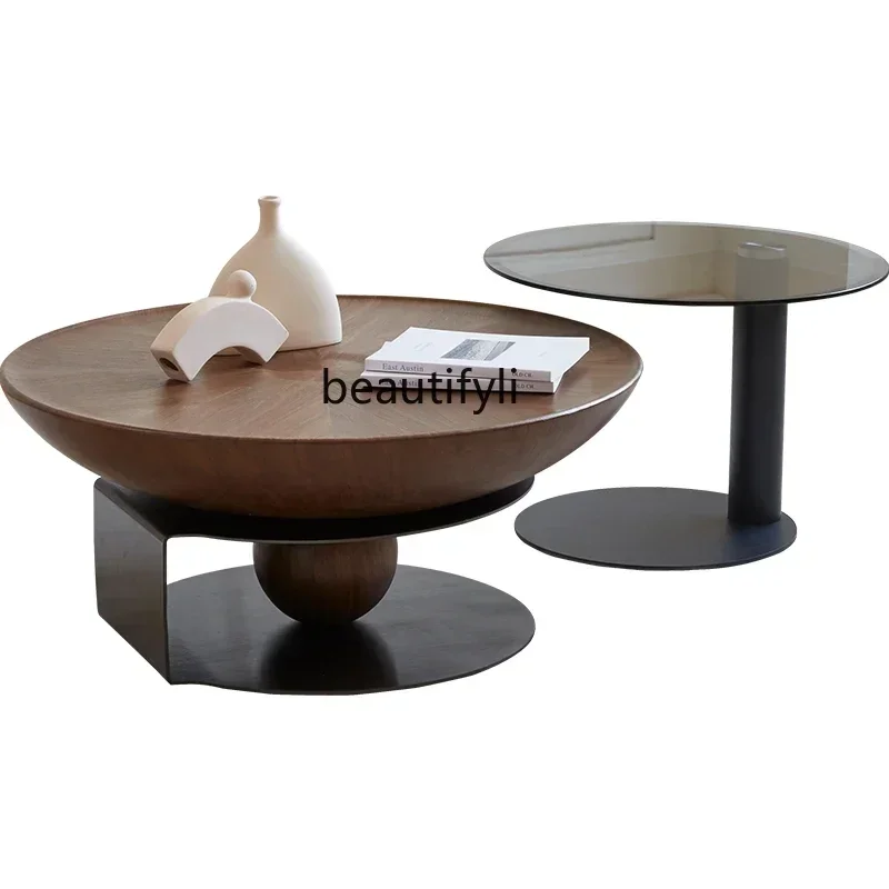 

New Coffee table cream wabi-sabi wind walnut color round Nordic coffee table combination designerA16