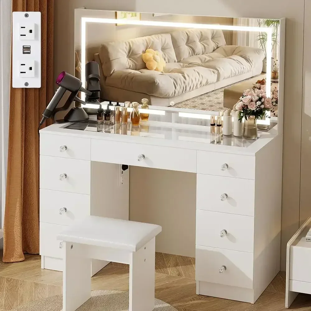 47 LED-Illuminated Glass Vanity Desk with 9 Drawers, Power Outlet, Adjustable 3-Color Lighting, and Cushioned Stool for Makeup
