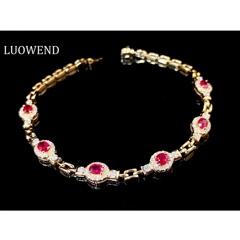 

LUOWEND 18K Yellow Gold Bracelet Vintage Palace Style Real Natural Ruby Shiny Diamond Gemstone Bracelet for Women Wedding Party