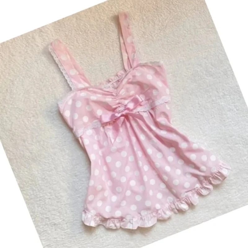 

Винтажный кружевной жилет в горошек, женский летний жилет Y2k, эстетический облегающий топ с рюшами, розовые топы с милым бантом