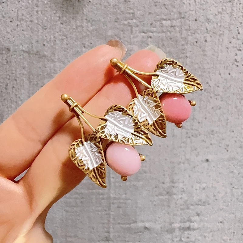 خمر ورقة الوردي القرط مسمار روز كوارتز الحجر الطبيعي المينا الذهب اللون أنيقة مجوهرات فاخرة جودة مصمم هدايا الزفاف #4