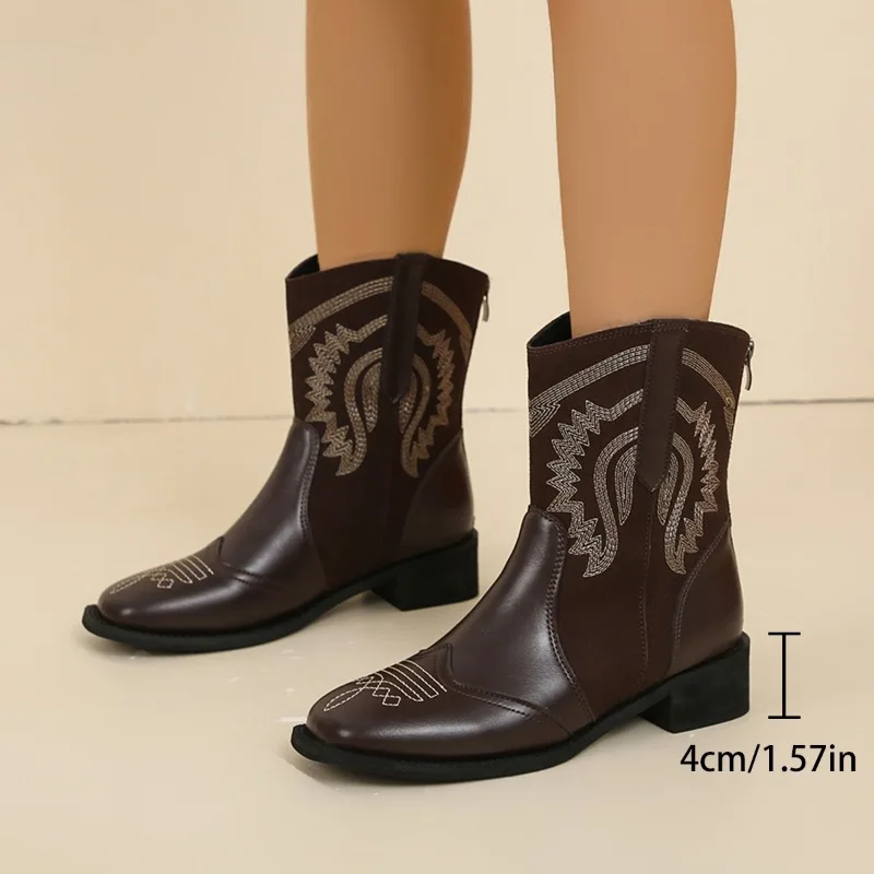 Spring and Fall New Style Fashion Pointy Solid Color Women's Mid-calf Boot with Mid-heel Sleeves Embroidered Western Cowboy Boot