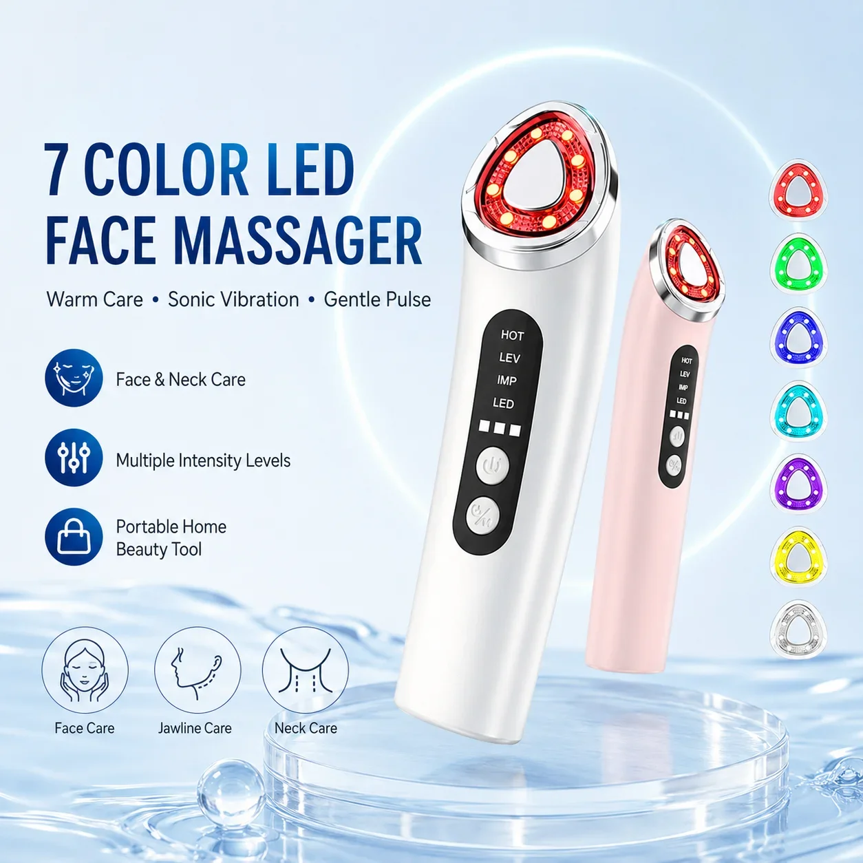 7 Colors LED Face Neck Massager Heated Sonic Vibration Beauty Device Adjustable Pulse Skin Care Tools USB Rechargeable for Women