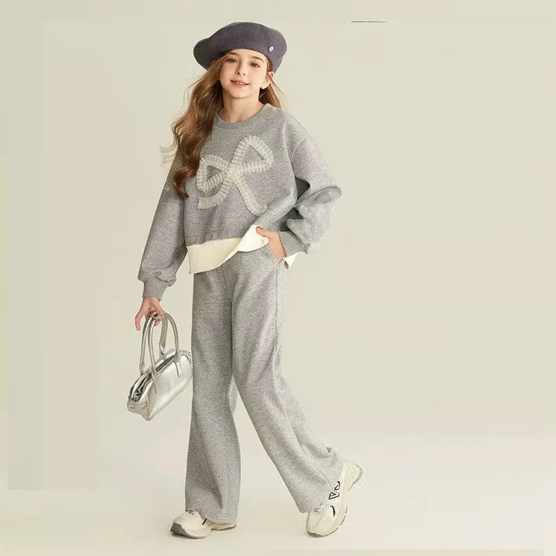 2026 spring girls Clothes Children Suit grey Teenager tracksuit bow hooded sweatshirt top + wide leg pants 4 5 8 10 11 12 year