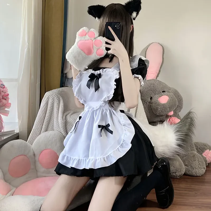 Tenue de femme de chambre noire Lolita japonaise Sweet Kawaii, jupe de serveuse, robe tablier pour femme, uniforme de cosplay d'Halloween, écolière, princesse