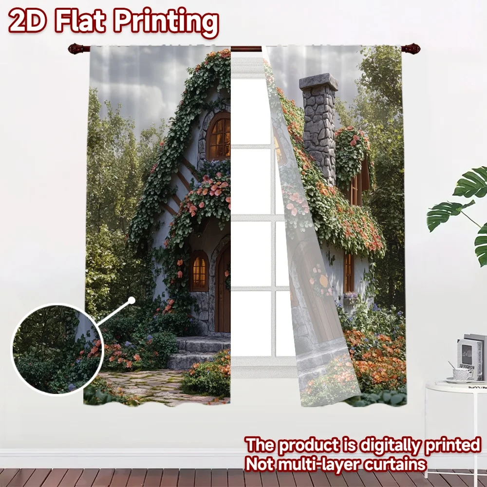 2D flat 2pcs Curtain Country Style Flower Covered Cottage Durable polyester fiber Festive Holiday for Home Wall Yard Use for