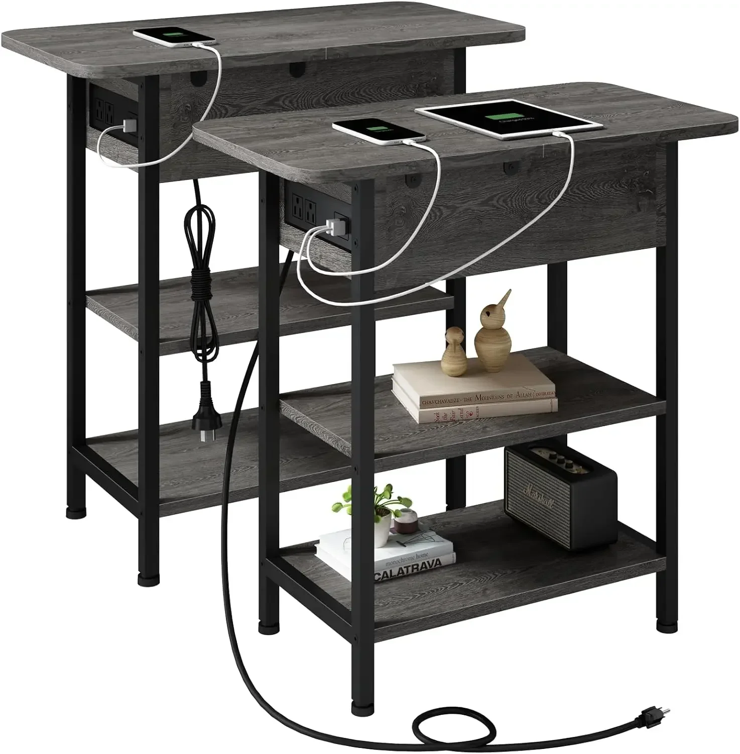 [Bestseller, jetzt kaufen! ]Premium-Beistelltisch mit Ladestation, schmaler Beistelltisch mit Klappplatte für kleine Räume, Nachttische im 2er-Set