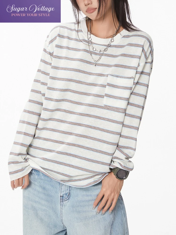 

Осенние тонкие топы в американском стиле ретро, женские свободные рубашки с длинным рукавом и круглым вырезом в полоску, повседневные винтажные элегантные пуловеры, блузки