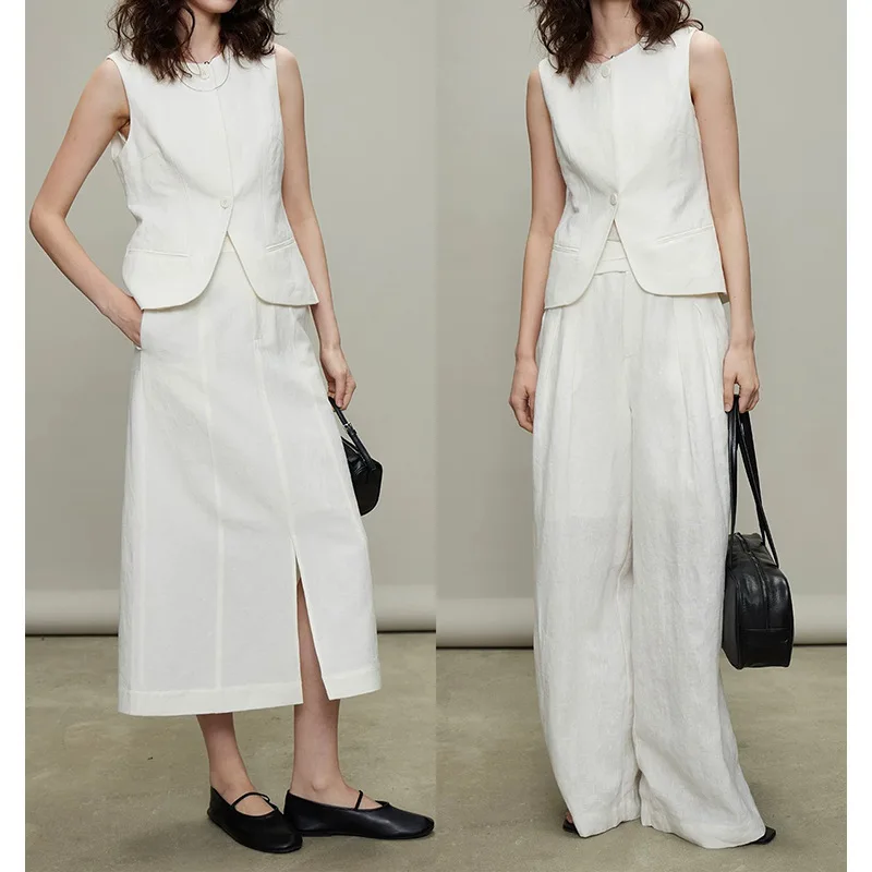 

Vacation Minimalist 100% Linen Vest Blazer & White Straight Skirt Set, Collarless 3D Cut, Straight Midi Skirt