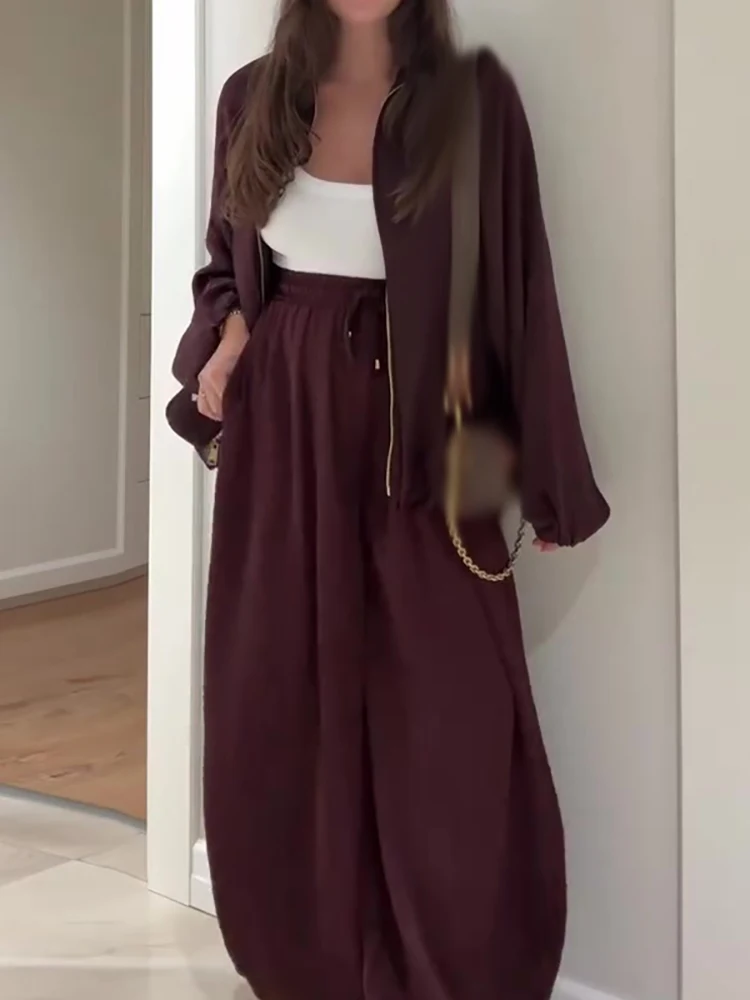 

Элегантная толстовка с капюшоном на молнии, повседневные пальто с длинными рукавами и длинные брючные костюмы, женские модные однотонные свободные комплекты из 2 предметов на шнуровке