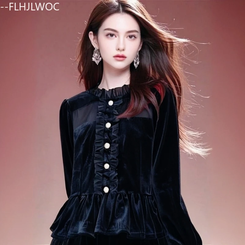 

New Year Black Velvet Tops Blouses New Fashion Woman Autumn Winter Basics Bling Button Retro French Design Ruffles Peplum Shirts