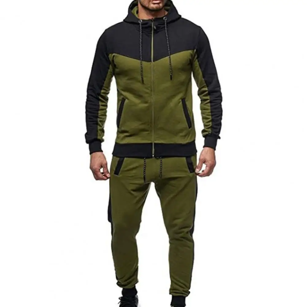 2 Pcs/Set Men Tracksuit Contrast Colors Drawstring Hooded Breathable Coat Suit for Daily Wear