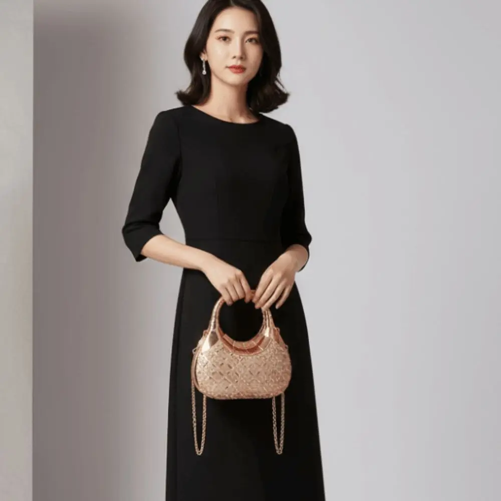 

Crystal Embellished Crescent Evening Clutch High-shine Finish Geometric Pattern Rhinestone Box Purse Hardbody Frame