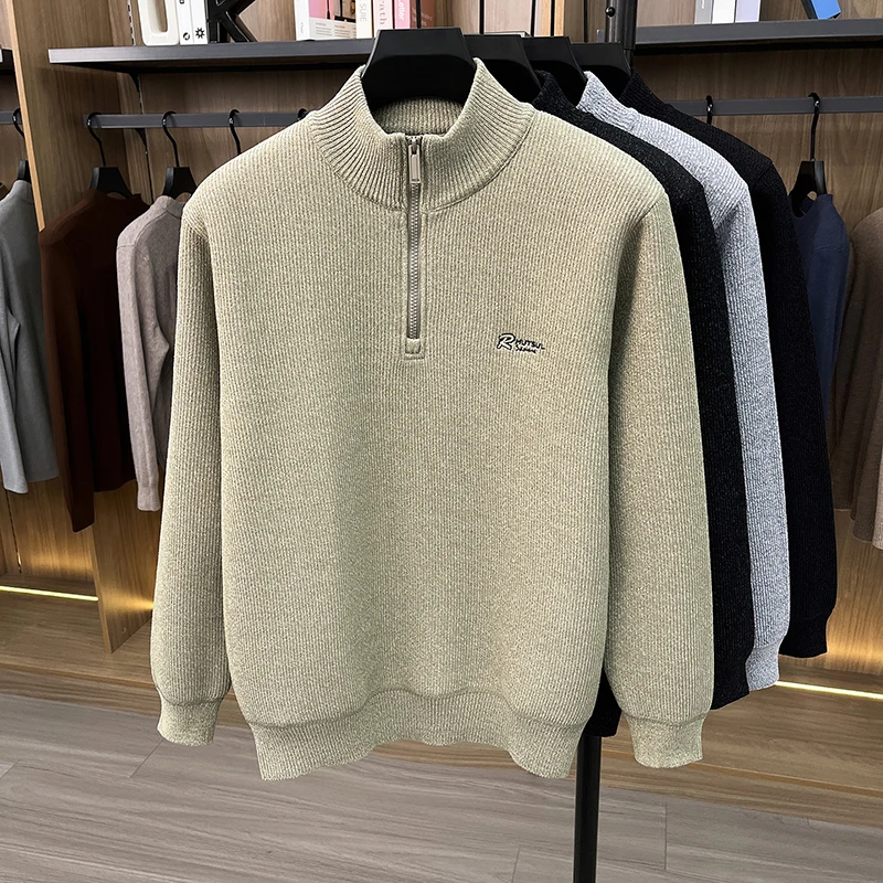Men's Long Sleeved Velvet Half Zip Sweater Autumn High End Brand Embroidered High Neck Knitwear Fashion Commuting Men's Clothing