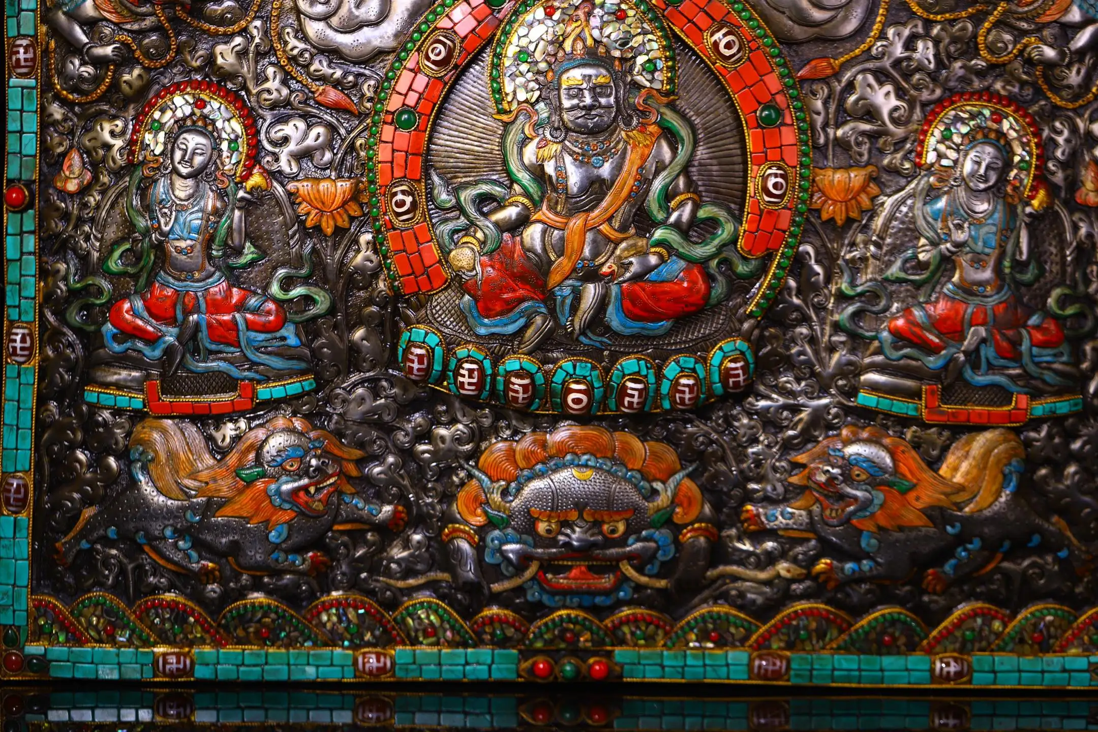 

18"Tibetan Temple Collection Old Tiantie Mosaic Gem gZi Beads Turquoise Yellow Jambhala Buddha Thangka mandala hanging panel