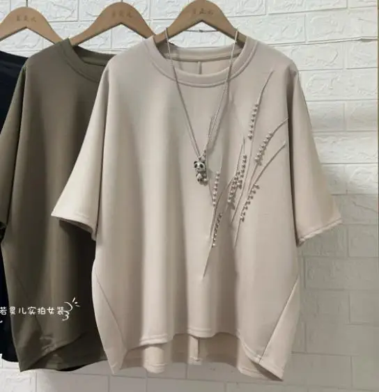 

bead work white tees women loose pearl black tops